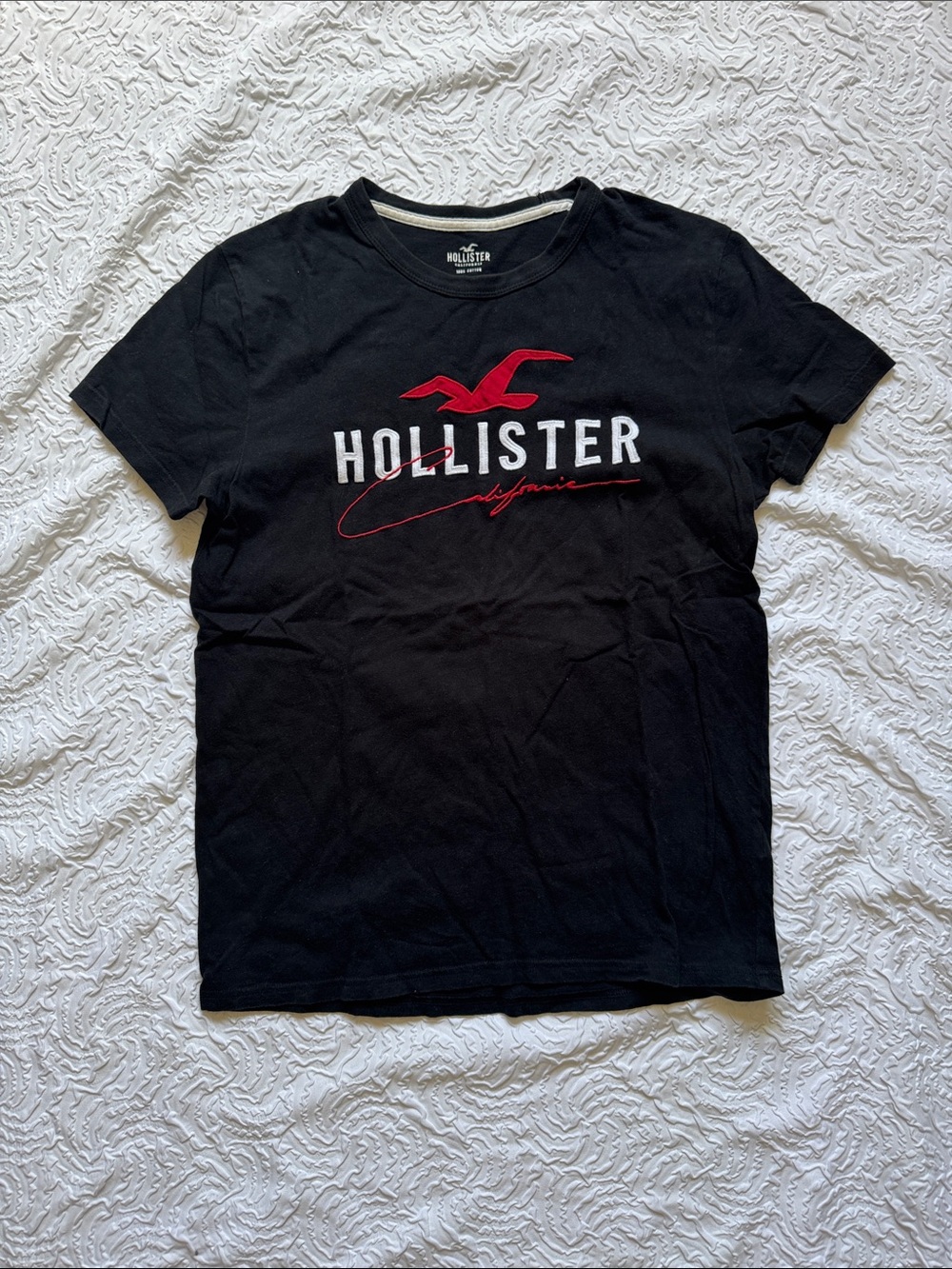 Hollister Black Tee with Red & White Logo Script